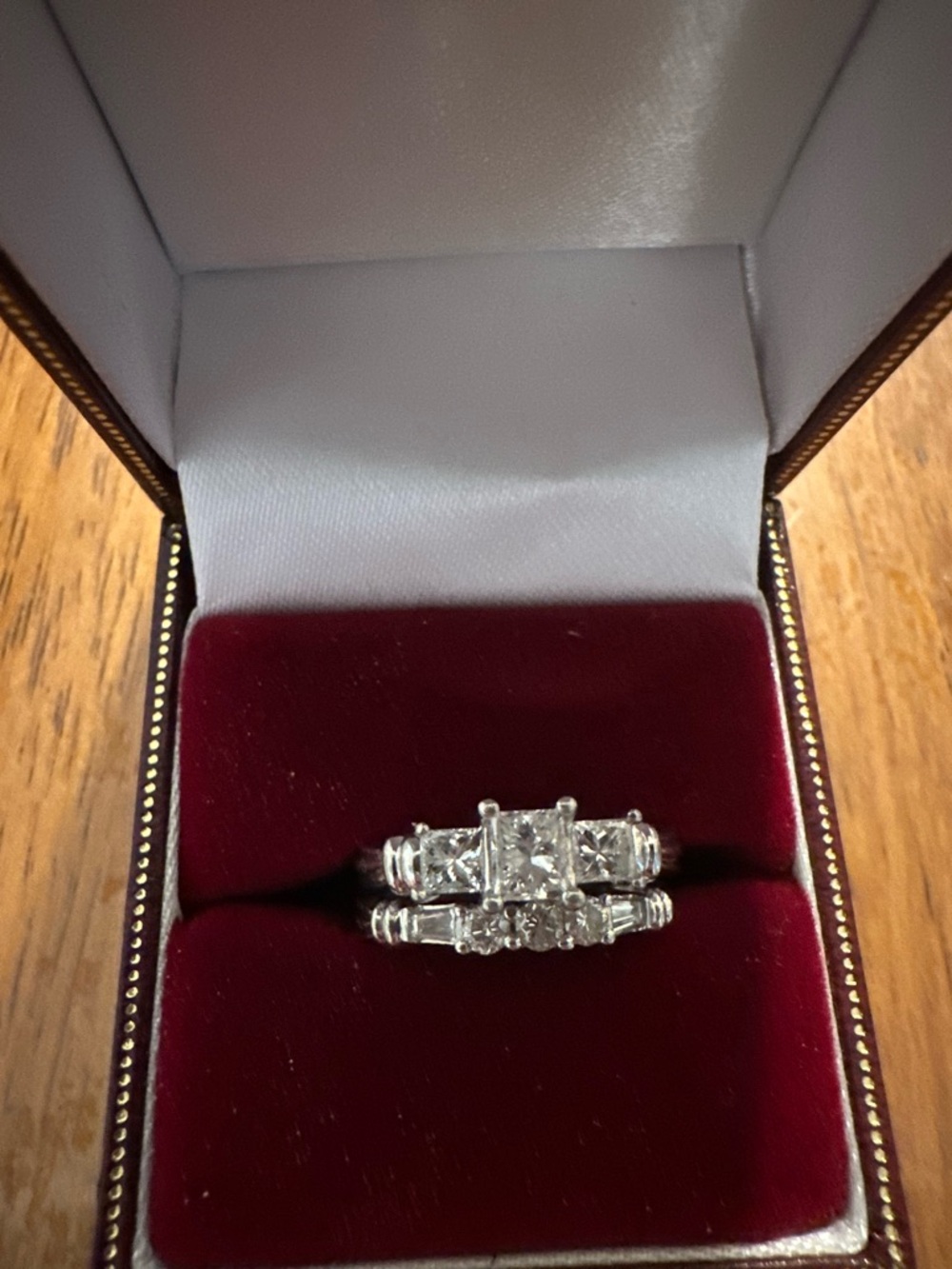 Classic Platinum Three-Stone 1 and 3/4 carat Bridal Set. In perfect condition.